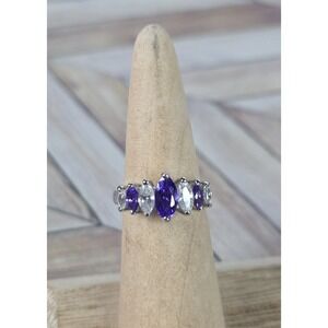 Sterling Silver Ring Purple Amethyst Marquise Cut CZ Stones RSC 925 Size 5